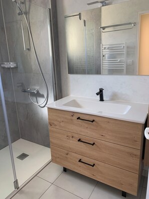 Regadera, secadora de cabello, toallas, papel de baño 