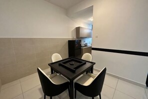 A compact room with a dining table and chairs, a kitchenette, and a black and white color scheme. - Botanika, Shadow Night by Antlerzone (Plentong)