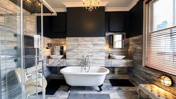 Shower, hair dryer, bidet, towels