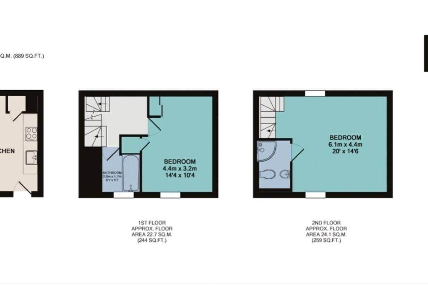 A 2nd floor apartment layout with a bedroom measuring 6.1m x 4.4m, a bathroom, and a kitchen.