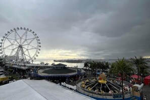 Une grande roue, un carrousel et une vue sur le bord de l’eau.