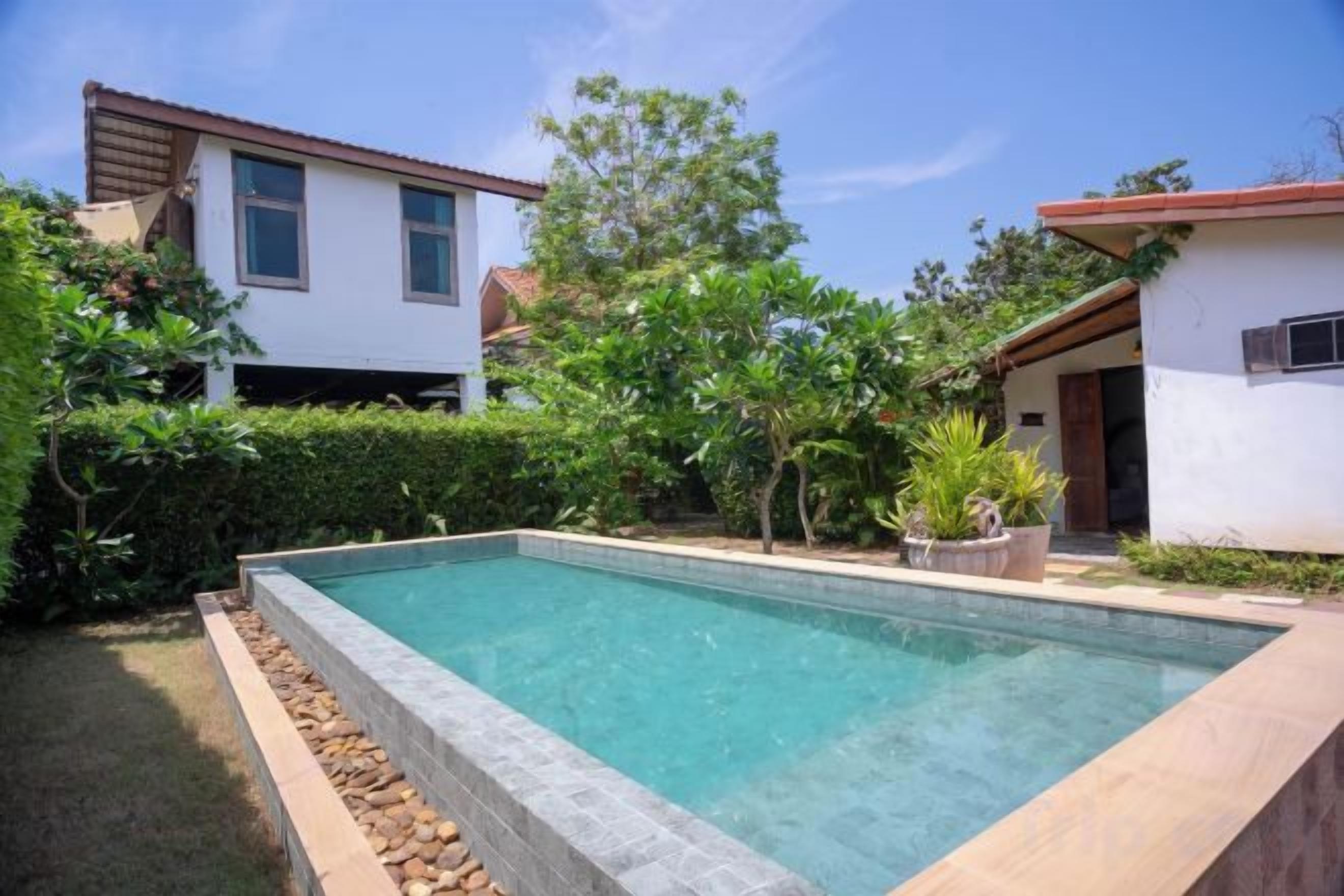 A rectangular swimming pool with a stone border, surrounded by a garden with various plants and a hedge.