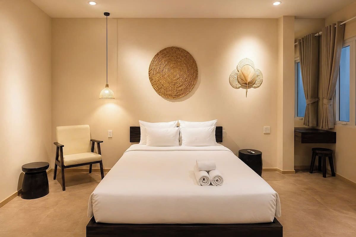 Une chambre d’hôtel avec un grand lit, une chaise, une petite table, un objet décoratif fixé au mur et une fenêtre avec des rideaux.