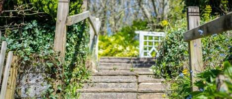 Una escalera de piedra conduce a una puerta blanca, rodeada de vegetación.