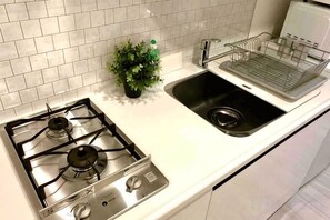 A kitchen with a gas stove, a sink, and a plant. - Kinshicho 1001 (Tokyo)
