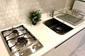 A kitchen with a gas stove, a sink, and a plant. - Kinshicho 1001 (Tokyo)