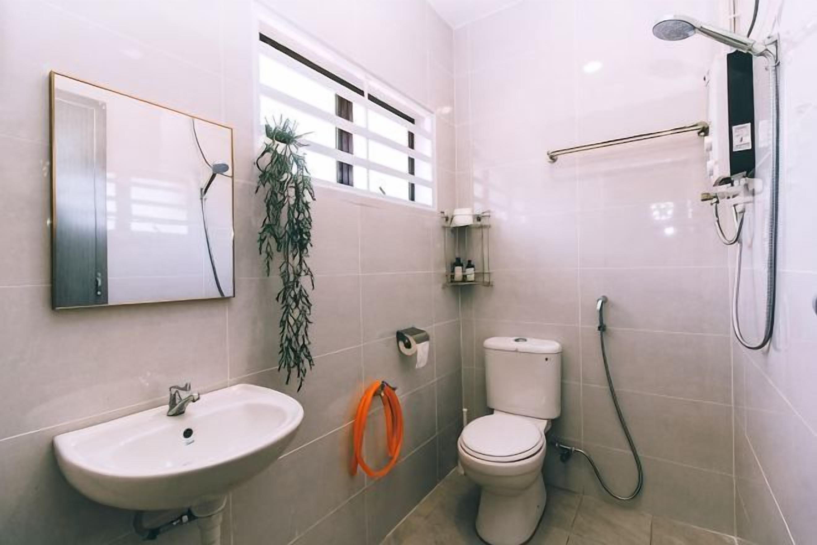 A bathroom with a sink, toilet, shower, and a window with a plant.
