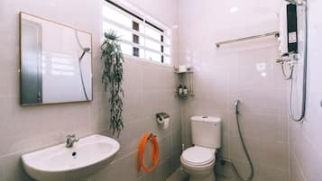 A bathroom with a sink, toilet, shower, and a window with a plant.
