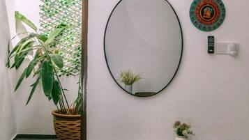 Un pasillo con una planta en maceta, un espejo y un plato decorativo en la pared.