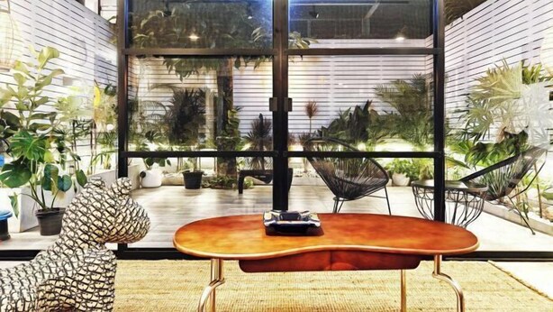 A modern patio with a wooden table and chairs, surrounded by potted plants and a glass wall offering a view of the garden. - 4Br Modern Art Villa with Free Wi-Fi Netflix Vinyl (Bangkok)