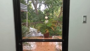 A glass door leading to a balcony with a potted plant and a metal railing. - Nicole's Garden Naga (Naga)