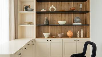 Hydromassage showerhead, designer toiletries, hair dryer, bathrobes