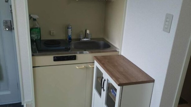 A compact kitchen with a sink, a dishwasher, and a small cabinet with a wooden countertop. - Shin Awaji Building II, 202 Heart House,1 minute from Awaji Station. (Osaka)