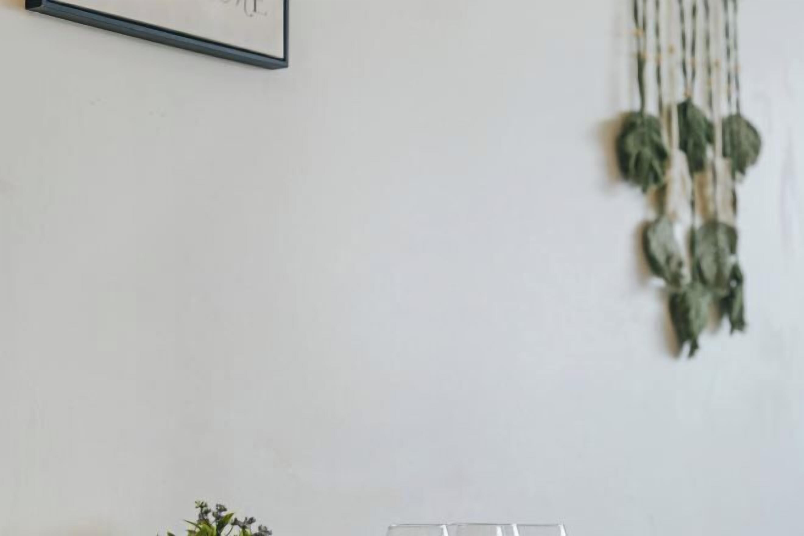 A framed picture on a wall, a macrame wall hanging, and a small plant.