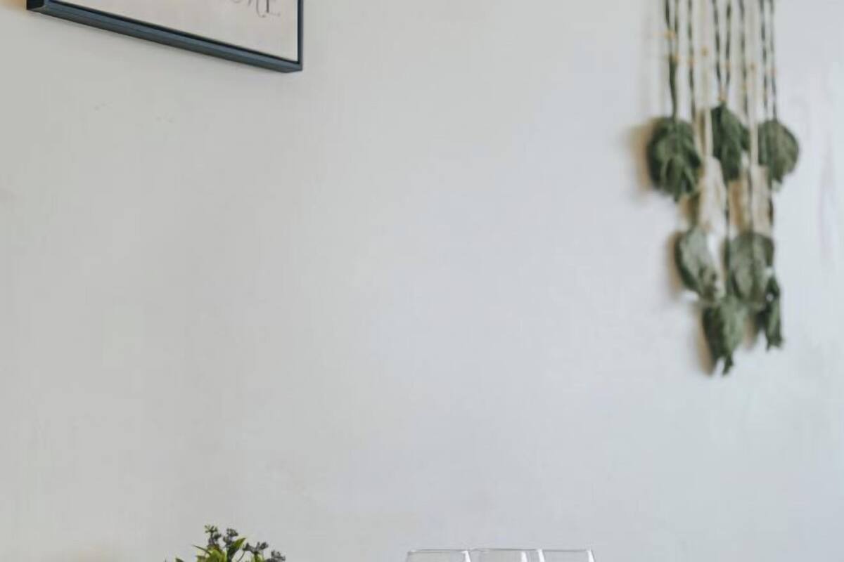 A framed picture on a wall, a macrame wall hanging, and a small plant.