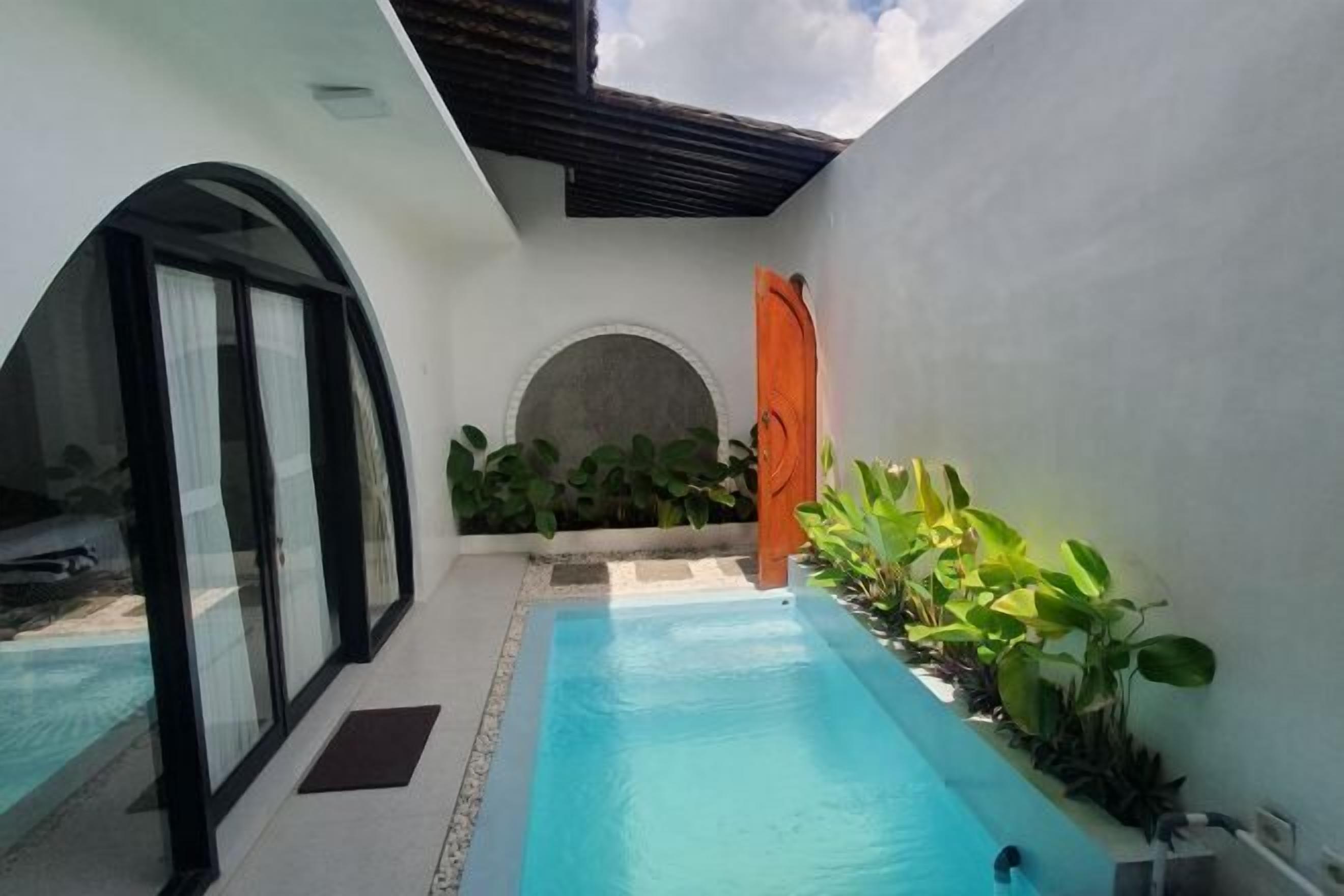 Zona de piscina con entrada por puerta de cristal, una pequeña fuente de agua y plantas en macetas.