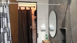 A modern bathroom with a shower, a sink, and a mirror.