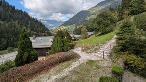 Paisaje montañoso con una casa y un camino que la lleva.