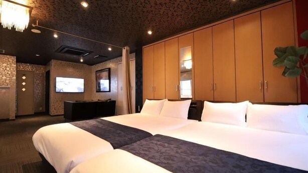A hotel room with a large bed, a TV, a wardrobe, and a plant. - Shirahama no Kaze (Shirahama)