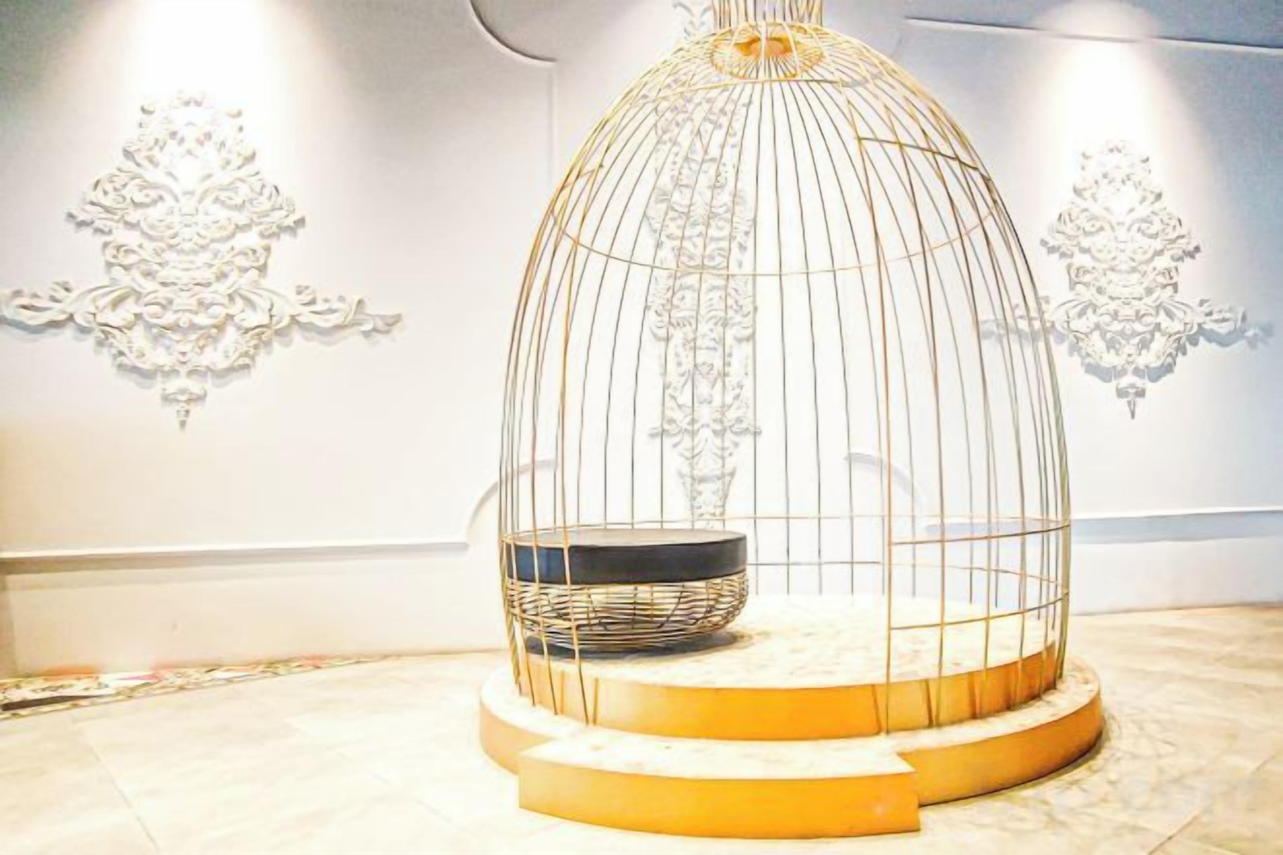 Una habitación con una jaula blanca sobre una plataforma circular, una pequeña cesta en su interior, y decoraciones ornamentales en la pared.