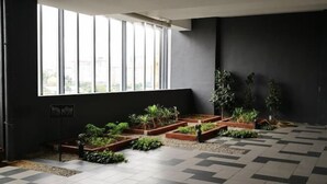 A room with a large window, a tiled floor, and several raised garden beds with plants. - D'sands Residences Midvalley (Kuala Lumpur)