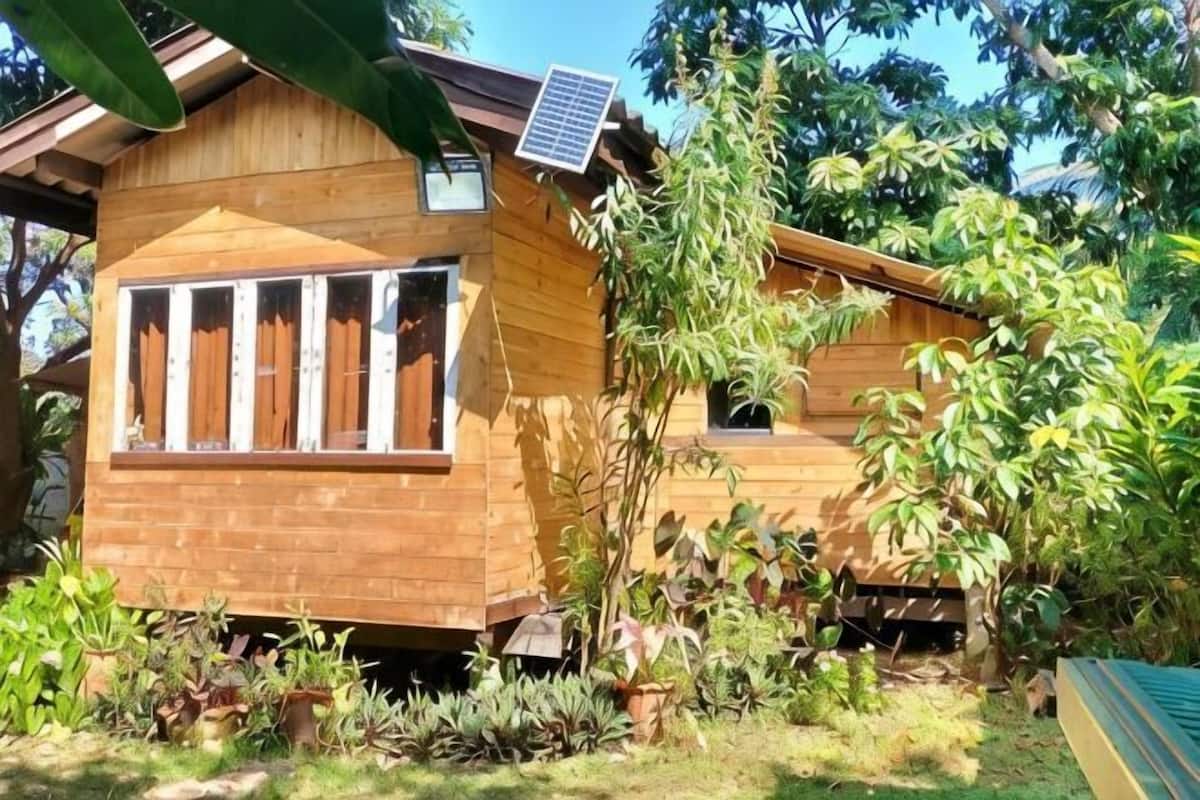 A wooden house with a solar panel, surrounded by lush greenery.