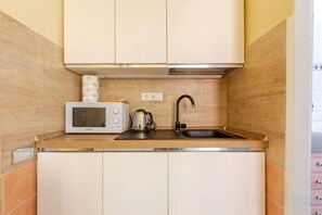 A compact kitchen with a microwave, kettle, and sink. - Vintage apartments in the center of Florence (Florence)