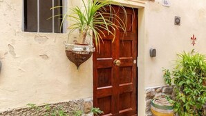 A wooden door with a brass handle, a hanging plant, and a stone wall. - Vintage apartments in the center of Florence (Florence)