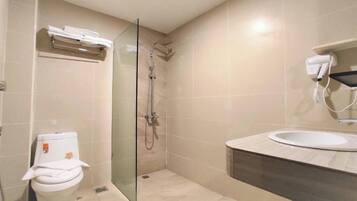 Shower, slippers, towels, soap