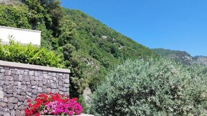 A stone staircase with a flower planter on the left, leading up a hillside.