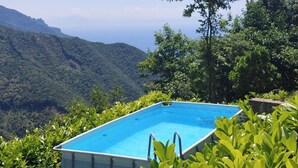 An outdoor swimming pool surrounded by lush greenery and overlooking a mountainous landscape.