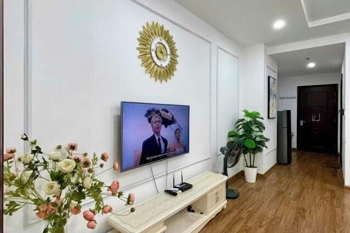 A living room with a television mounted on the wall, a decorative sunburst clock, and a potted plant.