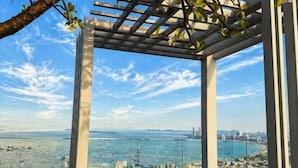 Un balcon offrant une vue dégagée sur le paysage urbain et sur une étendue d’eau.