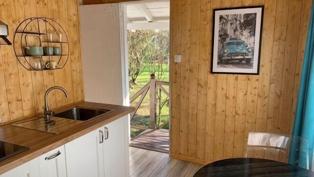A wooden interior with a kitchen area, a dining table, and a door leading outside.