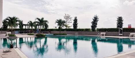 A swimming pool with a clear blue water surface, surrounded by palm trees and a paved deck area.