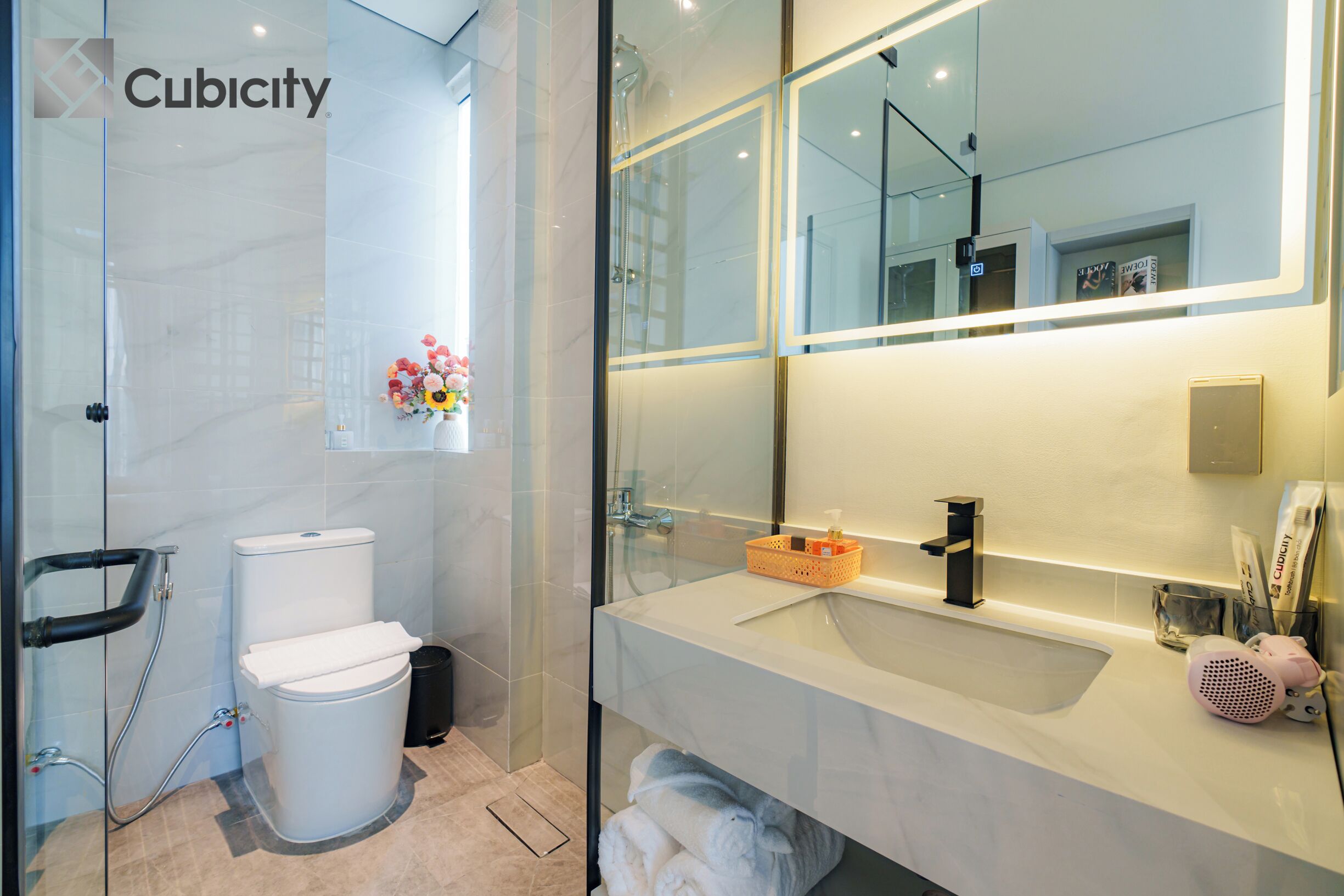 Hair dryer, towels, soap, shampoo