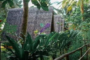 A tropical garden with a waterfall, dense foliage, and a wooden fence. - Bunga Jabe (Karimunjawa)