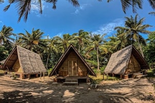 Three thatched-roof huts with a central door, surrounded by palm trees.