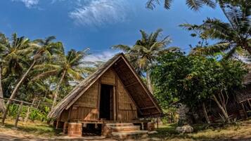 A thatched-roof hut with a simple entrance, surrounded by palm trees and greenery.