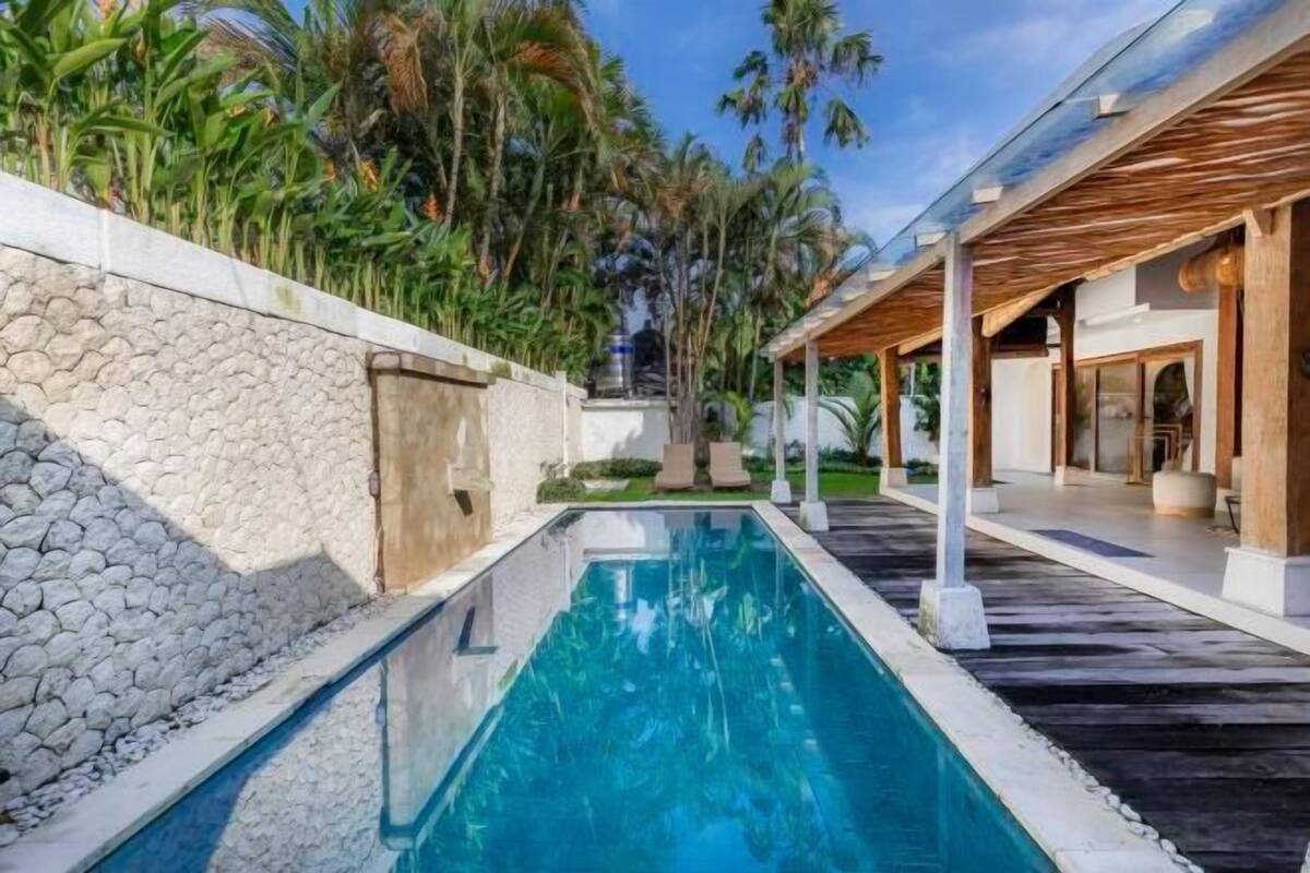 A swimming pool with a stone wall, palm trees, and a covered outdoor area.