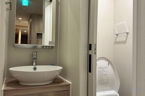 A bathroom with a white sink, a mirror, and a toilet. - WATEL ASAKUSA (Tokyo)