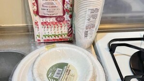Un angolo cottura con fornello a gas, lavello e pile di piatti di carta bianchi e ciotole di plastica.