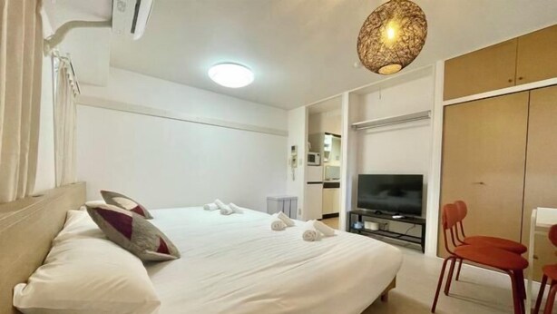 A hotel room with a bed, a TV, a wardrobe, and a chair. - YMK Oshiage 5B (Tokyo)