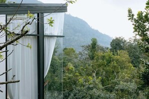 A modern building with large windows and a view of a forested mountain.