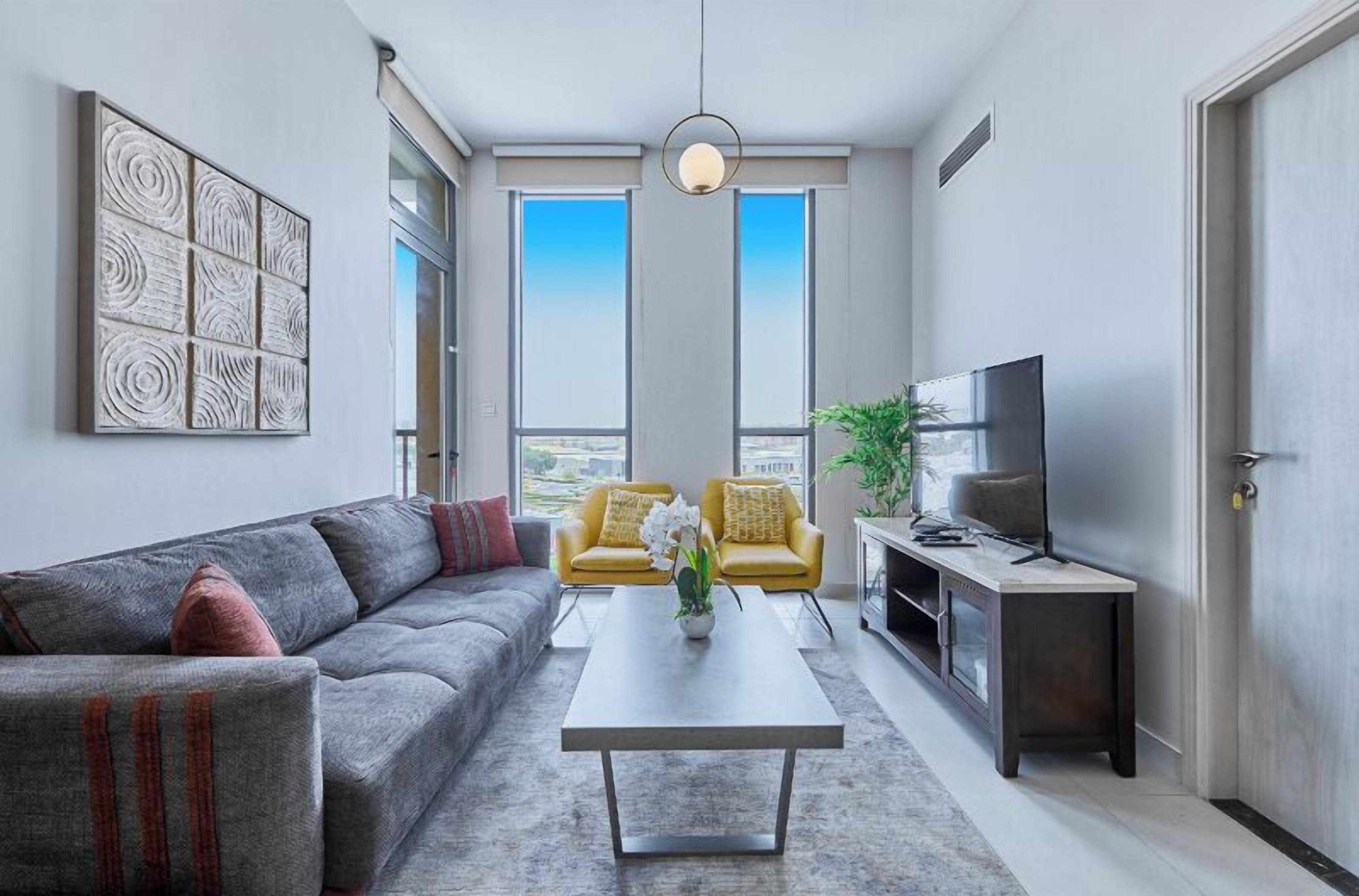 พรีเมียมอพาร  ์ทเมนท์, 1 ห้องนอน, วิวเมือง | ห้องนั่งเล่น | สมาร์ททีวี 55 นิ้ว พร้อมช่องเคเบิล