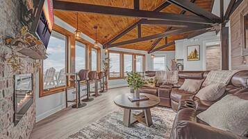 TV, fireplace, books, offices