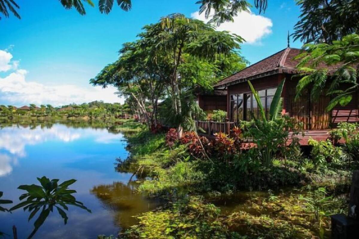 Una casa de madera con techo de paja, rodeada de abundante vegetación y un lago tranquilo.