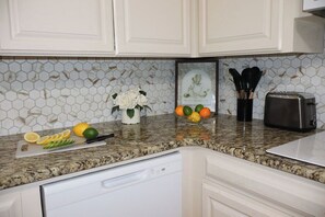 Fridge, microwave, dishwasher, coffee/tea maker