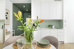 Dining - Air-conditioned Apartment | Pool, Balcony, Close to the Beach (Kołobrzeg)