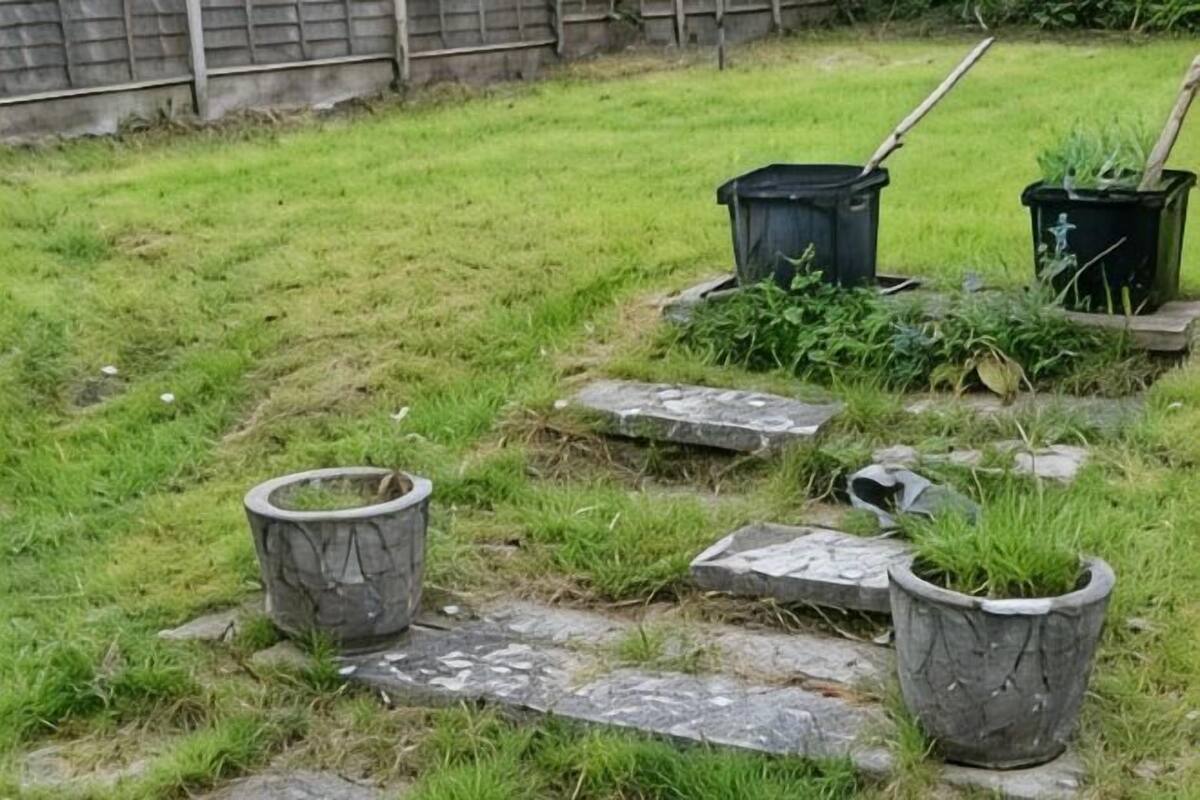 Een tuin met stenen traptreden, potplanten en een hark.